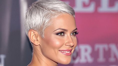Femme élégante avec une coupe pixie et des cheveux gris argentés, mettant en valeur son style moderne