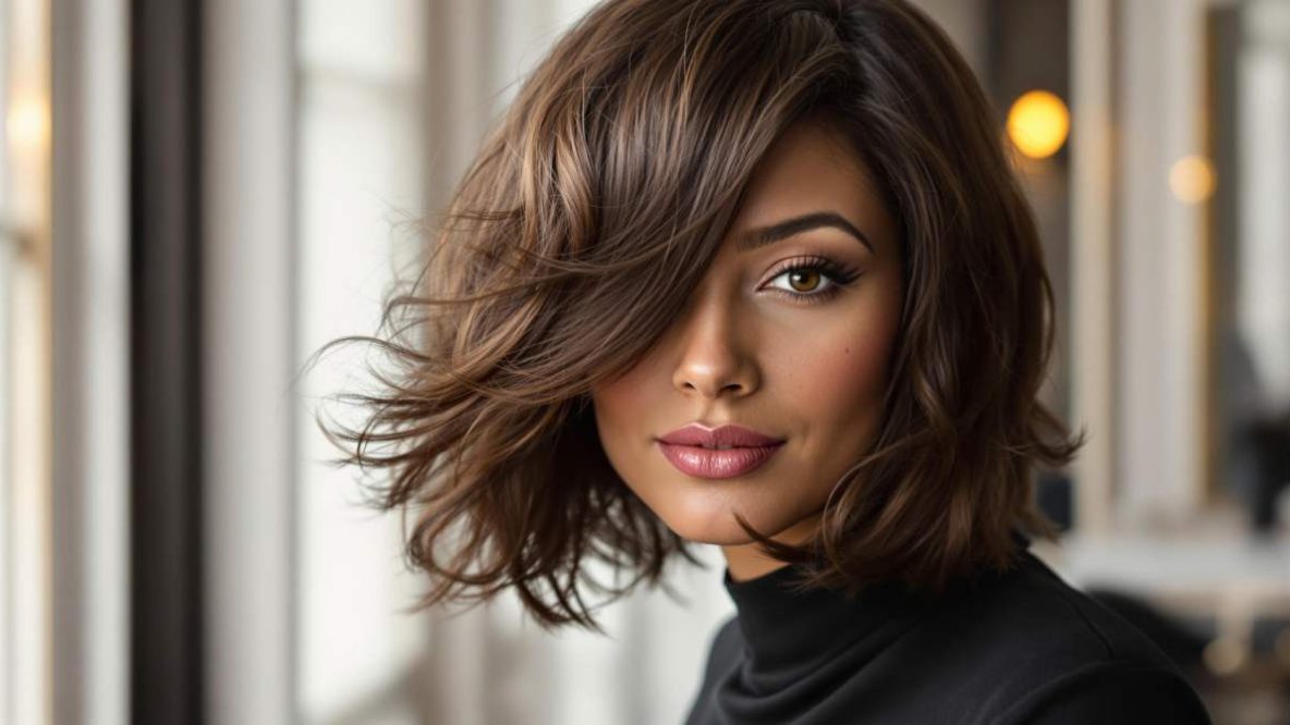 Femme au visage ovale avec des cheveux fins stylés en carré texturé, mettant en valeur sa morphologie