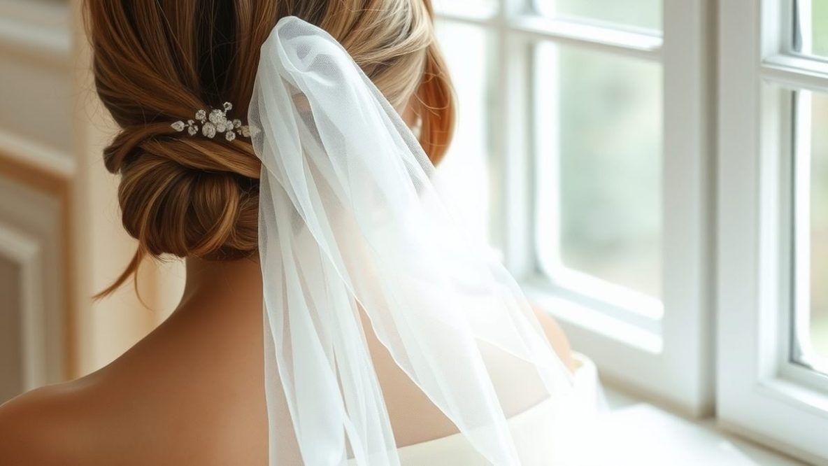 Chignon de mariée vu de dos avec un voile en tulle posé sur du marbre blanc