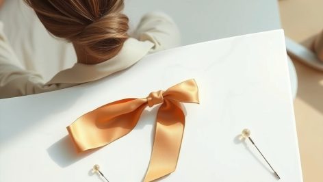 Chignon simple vu de dos à la nuque, épingles et ruban noué posés sur un marbre blanc, lumière naturelle