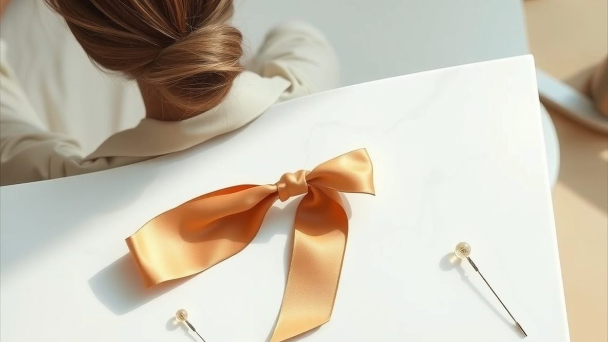 Chignon simple vu de dos à la nuque, épingles et ruban noué posés sur un marbre blanc, lumière naturelle