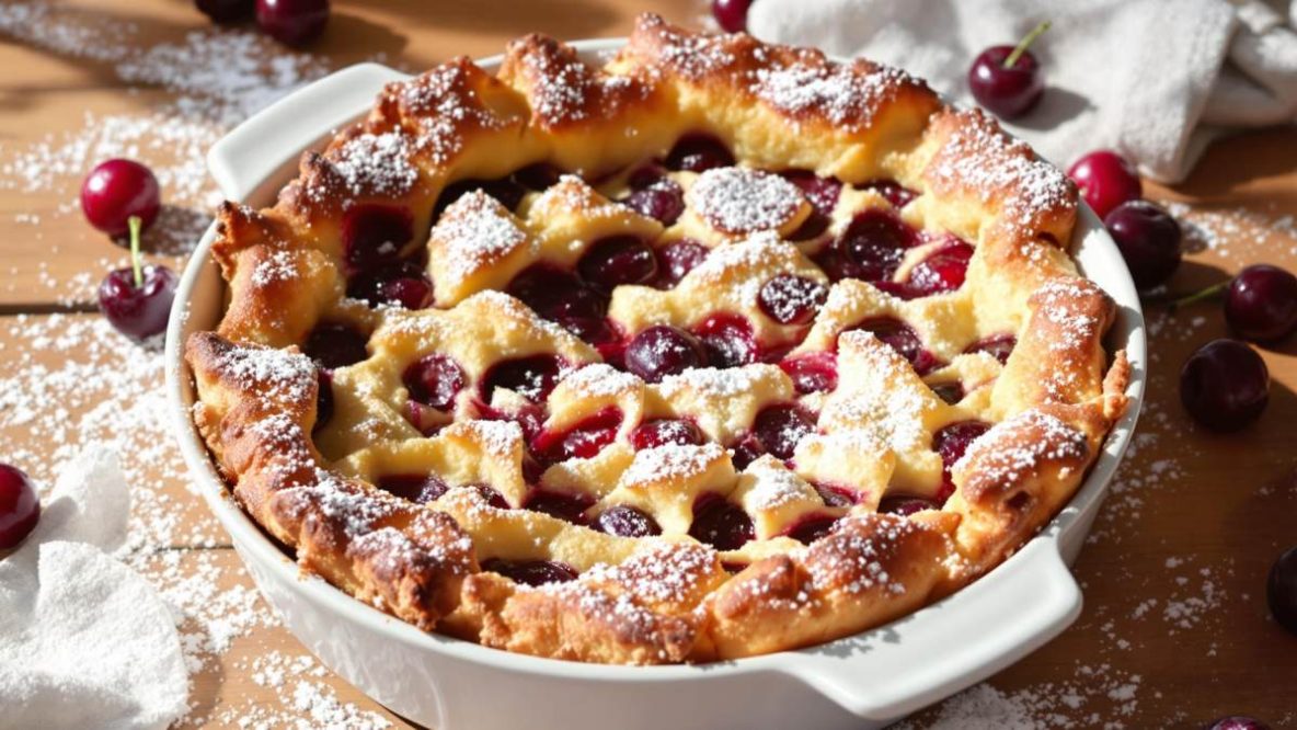 Clafoutis aux cerises sans œufs dans un plat en céramique, avec sucre glace et fruits frais