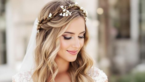 Mariée avec cheveux mi-longs, coiffure tressée et couronne de fleurs pour un mariage champêtre.