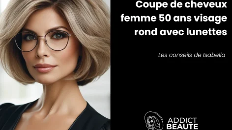 Femme élégante de 50 ans avec coupe bob volumineuse et lunettes tendance, idéal pour visage rond