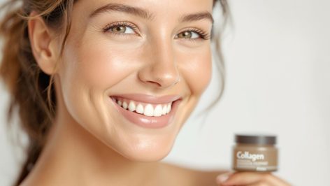 Image d'une femme souriante avec une peau lisse et éclatante, représentant les bienfaits du collagène pour la beauté et la santé de la peau.