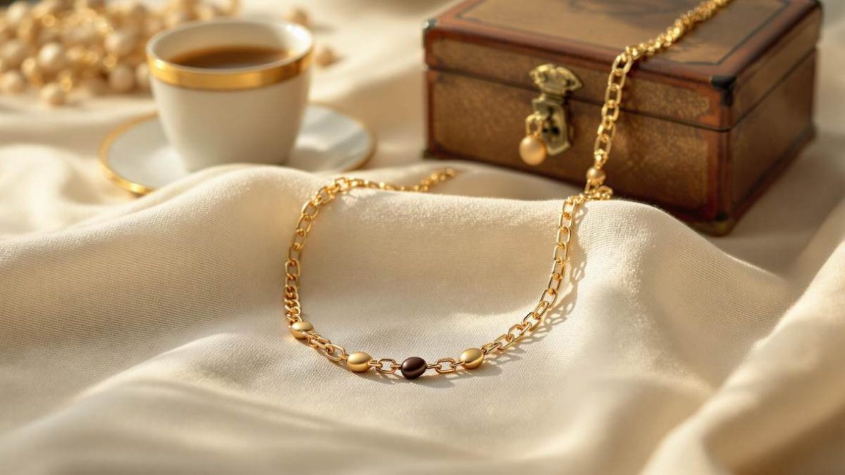 Collier grain de café en or posé sur un tissu, bijou élégant au style méditerranéen
