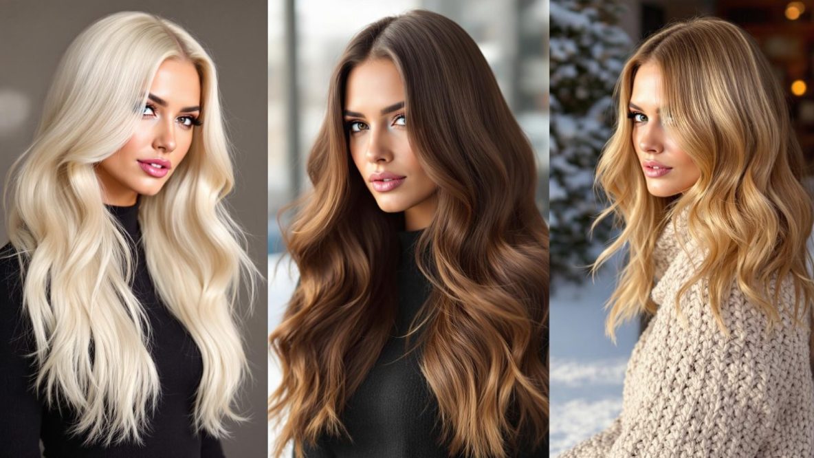 Trois femmes arborant les colorations tendance de cet hiver : balayage miel, brun chocolat et blond polaire