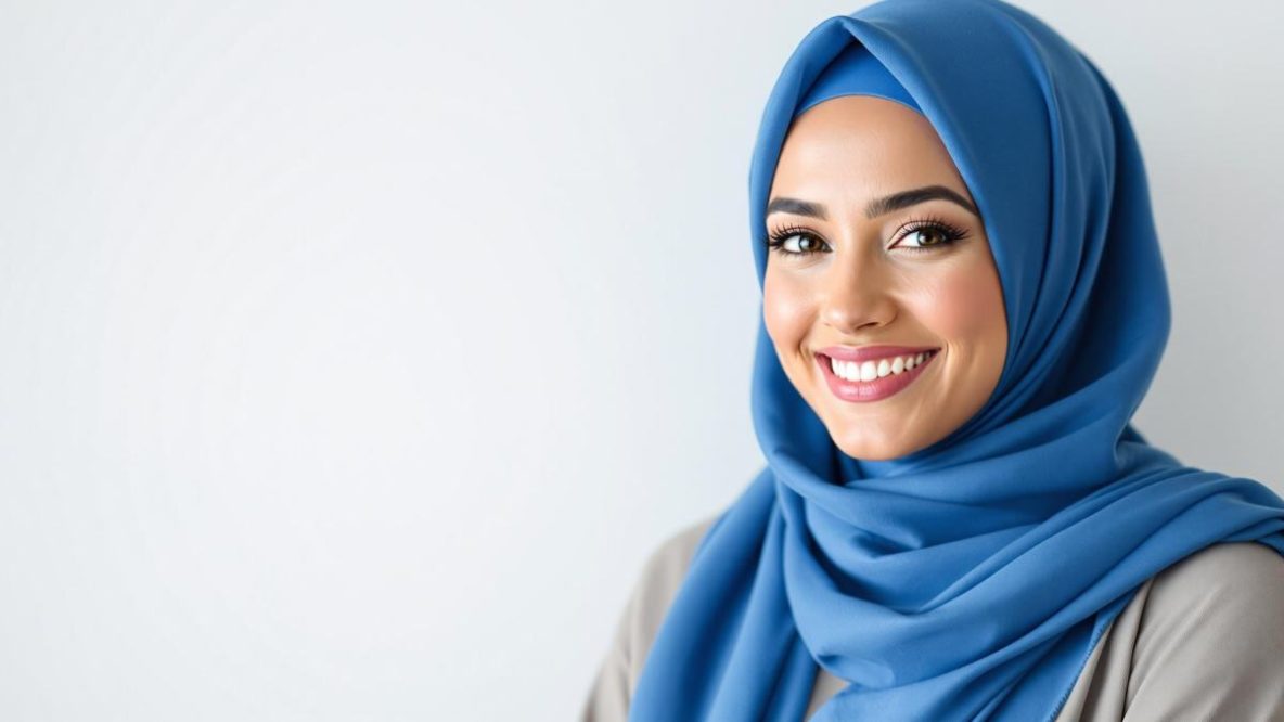 Une femme élégante portant un hijab en soie rose pastel, adapté à sa morphologie et à son teint, souriante et posant dans une lumière naturelle avec un fond blanc lumineux. Le choix parfait pour allier style et confort.