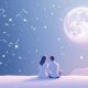 Couple amoureux sous une pleine lune avec des constellations, symbolisant l’harmonie astrologique et la numérologie des prénoms.