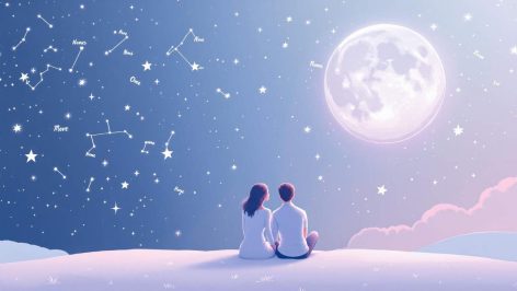 Couple amoureux sous une pleine lune avec des constellations, symbolisant l’harmonie astrologique et la numérologie des prénoms.