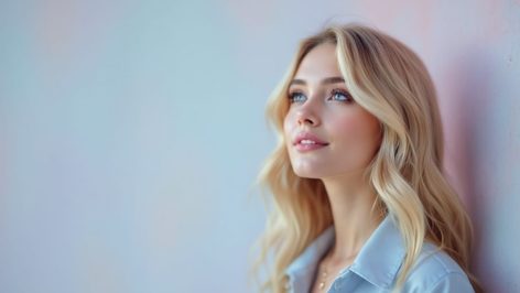 Femme blonde portant une tenue pastel, avec un look élégant et harmonieux, idéal pour sublimer les cheveux blonds en hiver.