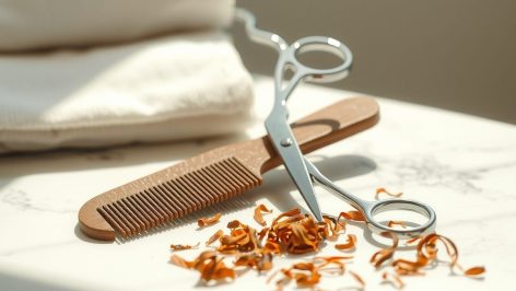 Ciseaux de coiffeur et peigne à dents larges posés sur du marbre, avec des mèches de cheveux bouclés coupées à sec