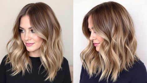 Femme avec une coupe mi-longue tendance, lob wavy et balayage naturel