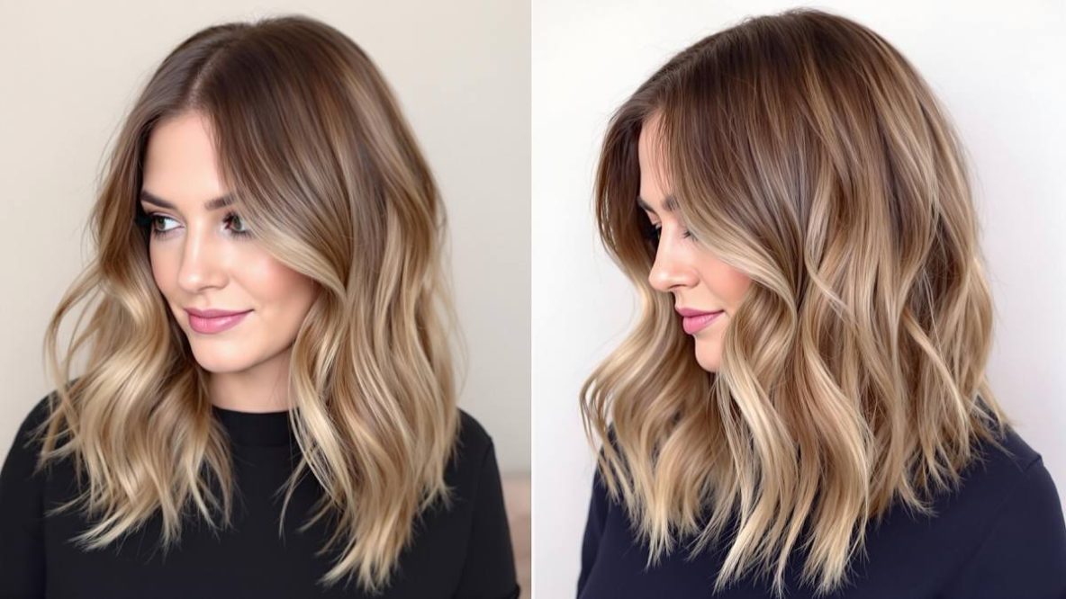 Femme avec une coupe mi-longue tendance, lob wavy et balayage naturel