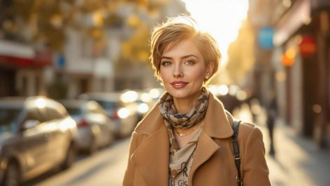 Femme confiante avec une coupe courte tendance et naturelle en 2025