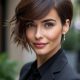Femme élégante portant une coupe dégradé effilé court brune avec frange asymétrique, look moderne et sophistiqué en tailleur noir