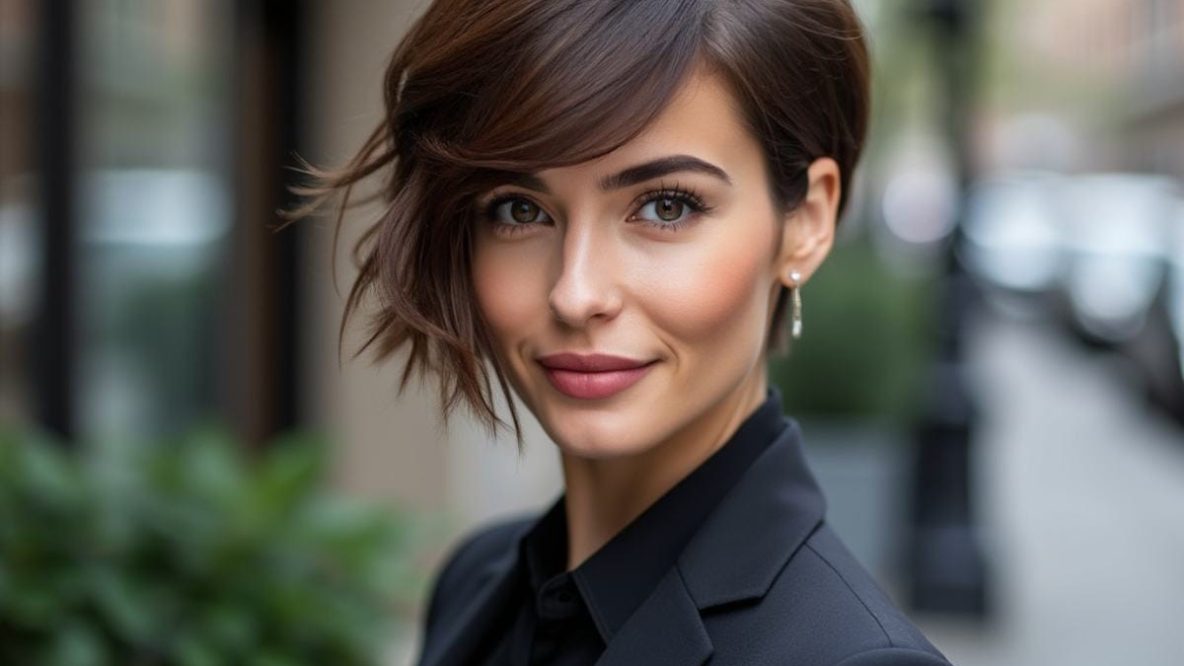Femme élégante portant une coupe dégradé effilé court brune avec frange asymétrique, look moderne et sophistiqué en tailleur noir