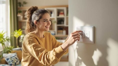 emme éteint une multiprise dans un salon lumineux pour réduire la consommation et augmenter le confort thermique
