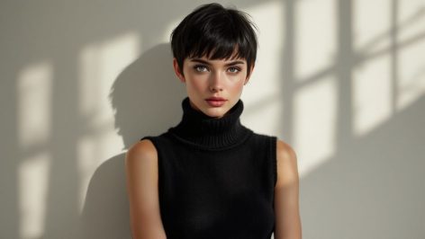 Aiyana Enigma portant un débardeur en mohair noir, look cozy-chic, lumière douce et élégante pour un style automnal moderne