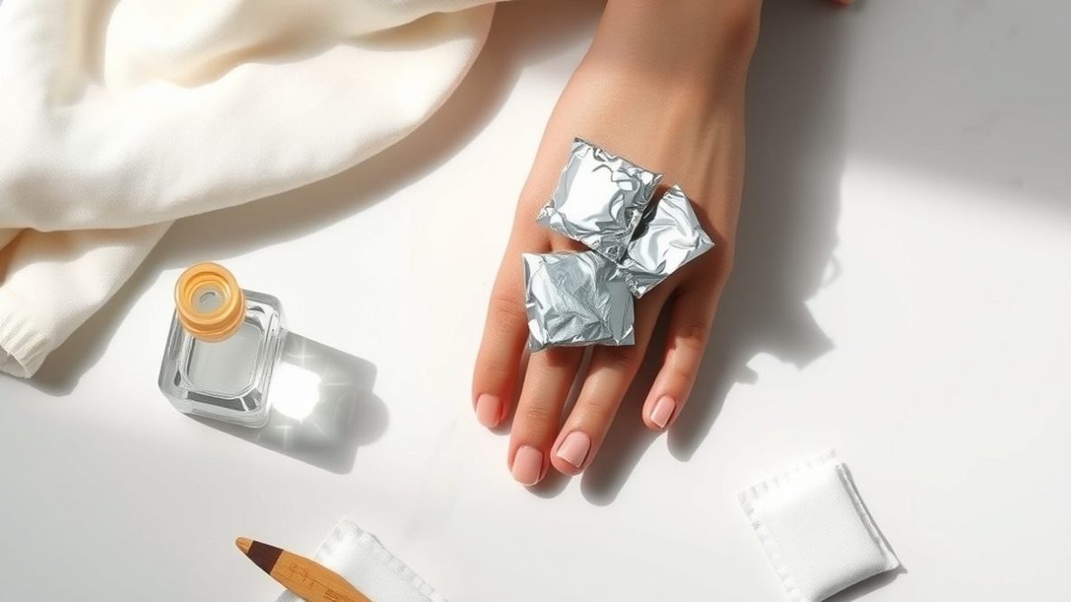 Mains enveloppées de papier aluminium pour retirer un vernis semi-permanent à l'acétone