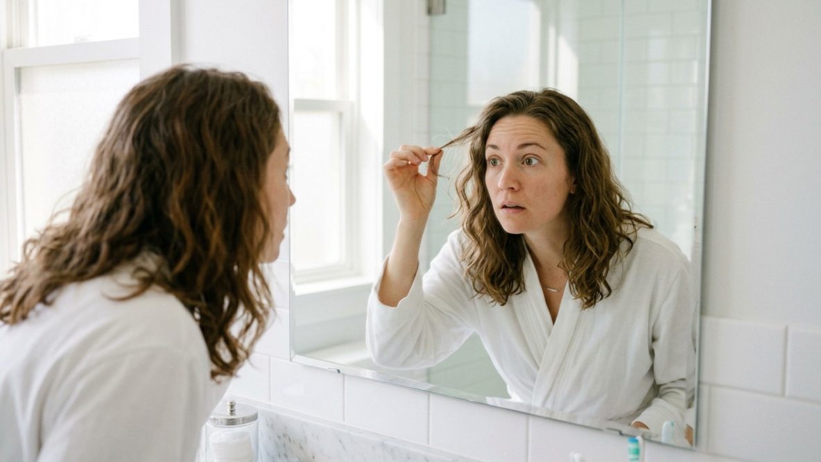 Femme se regardant dans son miroir et decouvrant ses premiers cheveux blancs, illustrant la technique du Double Gloss pour fondre les cheveux blancs en transparence sans coloration permanente.