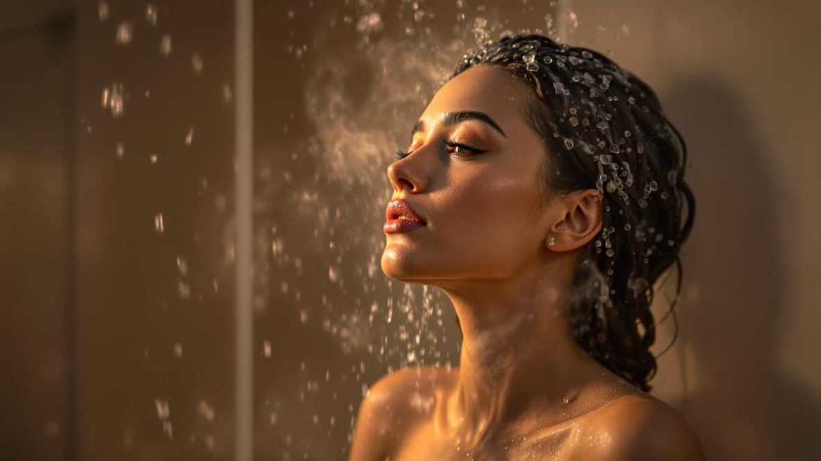 Femme apaisée prenant une douche tiède en fin de journée
