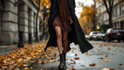 Femme marchant dans la rue en Dr. Martens, associées à une tenue d’automne, symbolisant la tendance mode chic et rebelle de la saison