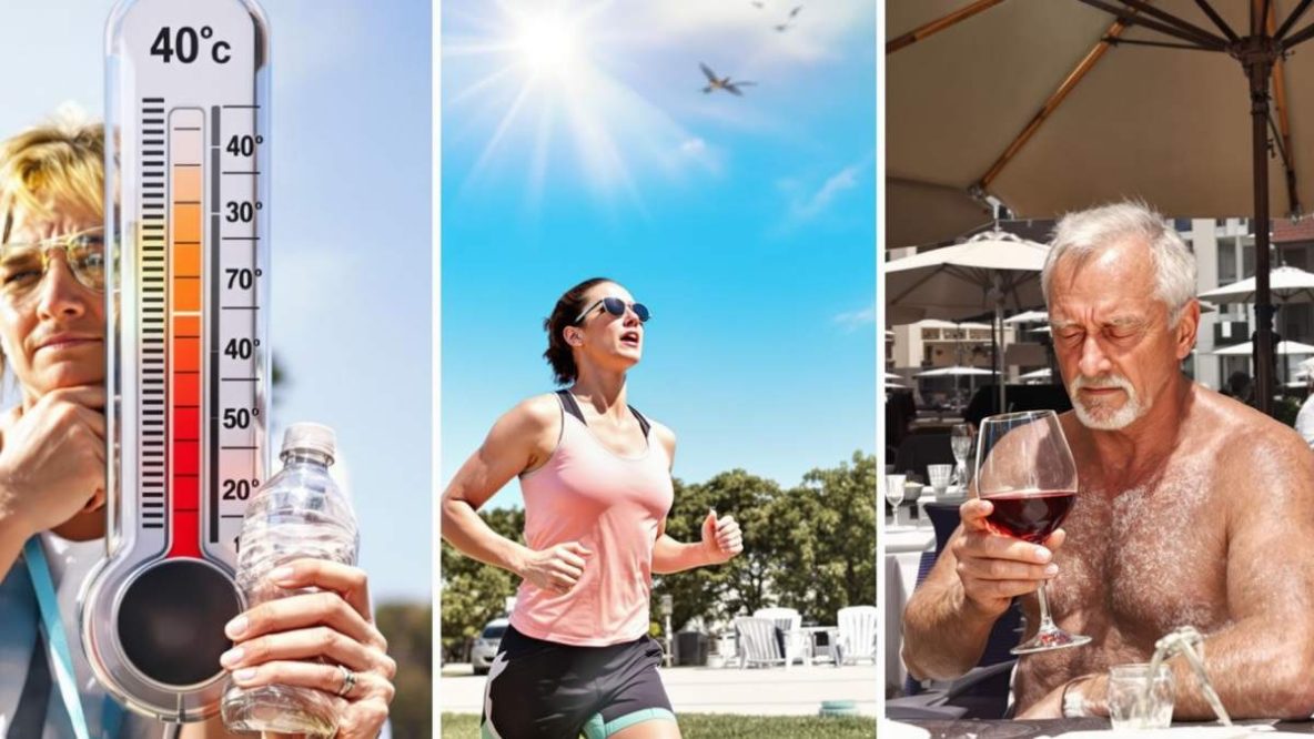 Personnes commettant des erreurs typiques pendant une canicule : sport sous le soleil, bouteille plastique chauffée, alcool en terrasse