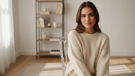 Jeune femme souriante assise sur une chaise Napoléon transparente dans un salon moderne avec lumière naturelle, décoration minimaliste et ambiance chaleureuse. AddictBeaute.com le mag pour les femmes
