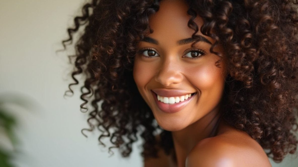 Gros plan d’une femme aux boucles bien définies et brillantes, avec des cheveux volumineux et hydratés, capturant la beauté naturelle des cheveux bouclés.