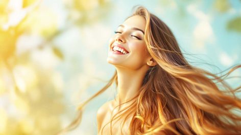 Femme souriante avec de longs cheveux brillants, exprimant confiance et bien-être