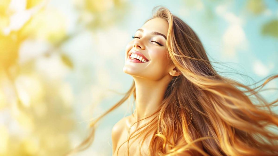 Femme souriante avec de longs cheveux brillants, exprimant confiance et bien-être