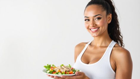 Découvrez cette image inspirante d'une femme motivée dégustant un plat sain à base de thon, parfaite pour illustrer un article sur la perte de poids et le régime thon.