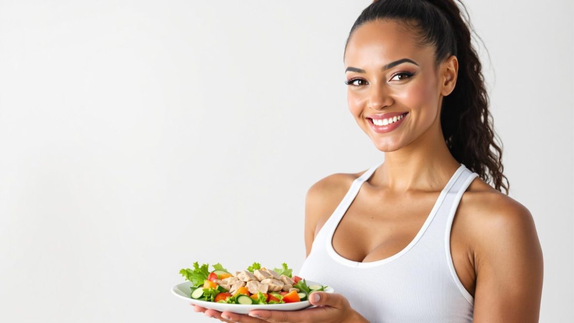Découvrez cette image inspirante d'une femme motivée dégustant un plat sain à base de thon, parfaite pour illustrer un article sur la perte de poids et le régime thon.