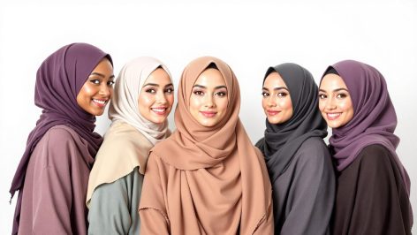 Un groupe de femmes portant des hijabs de styles variés, mettant en valeur l’élégance et la diversité culturelle.