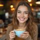 Femme urbaine buvant un flat white dans un coffee shop chaleureux