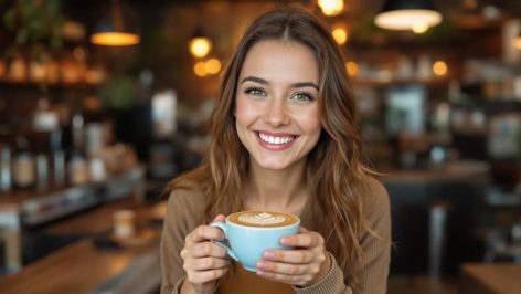 Femme urbaine buvant un flat white dans un coffee shop chaleureux