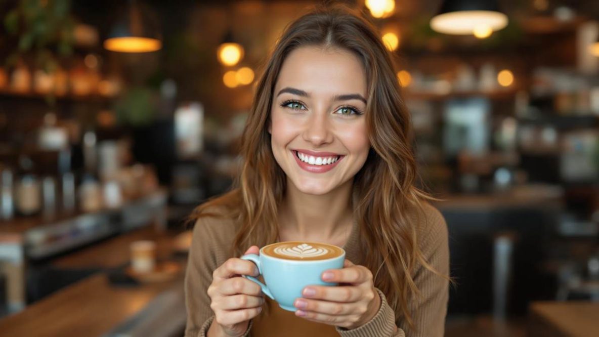 Femme urbaine buvant un flat white dans un coffee shop chaleureux