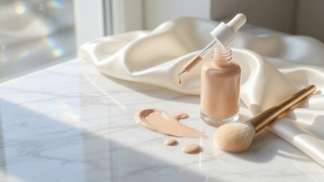 Flacon de fond de teint fluide et pinceau de maquillage posés sur un marbre blanc, lumiere naturelle