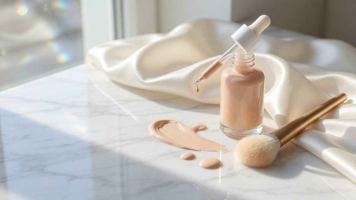 Flacon de fond de teint fluide et pinceau de maquillage posés sur un marbre blanc, lumiere naturelle