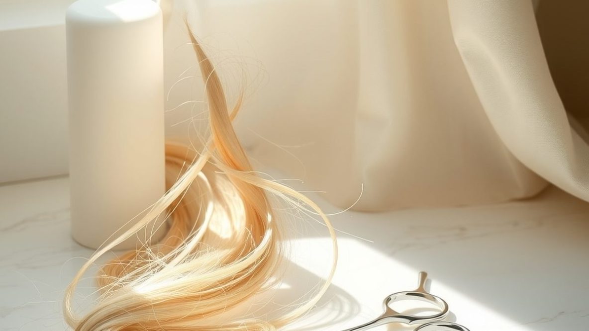 Ciseaux effileurs posés sur du marbre blanc près d'une mèche de cheveux ondulée, lumière naturelle