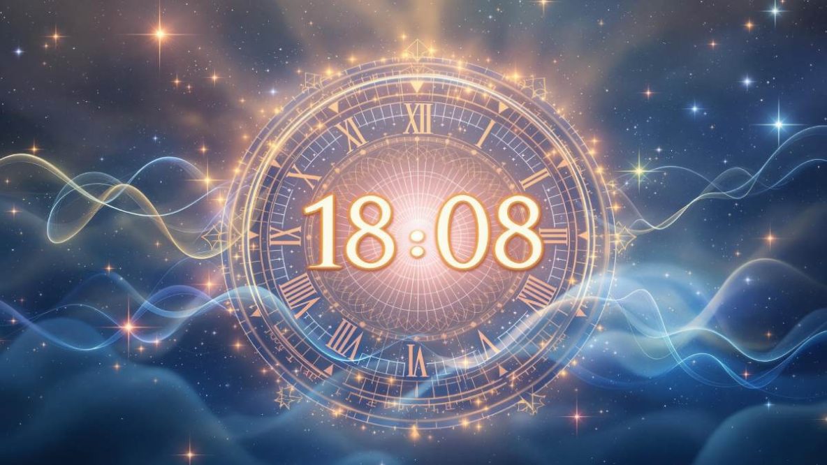 Horloge affichant 18h08 avec une aura mystique, représentant une heure miroir et ses messages cachés