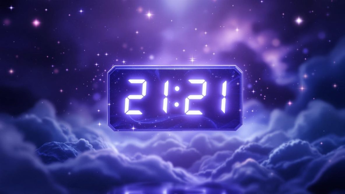Représentation spirituelle de l’heure miroir 21h21 sur un cadran numérique lumineux avec fond céleste