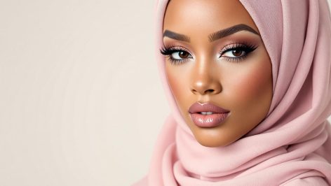 Une femme musulmane portant un hijab pastel appliquant un maquillage subtil et élégant devant un miroir, dans une ambiance lumineuse et naturelle avec un arrière-plan blanc épuré.
