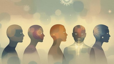 Représentation visuelle des cinq blessures de l’âme sous forme de silhouettes et de masques émotionnels