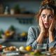 Femme avec une expression choquée, entourée d’aliments riches en oméga-3 comme le saumon, les noix et les graines de chia, découvrant l’importance de ces nutriments pour sa santé
