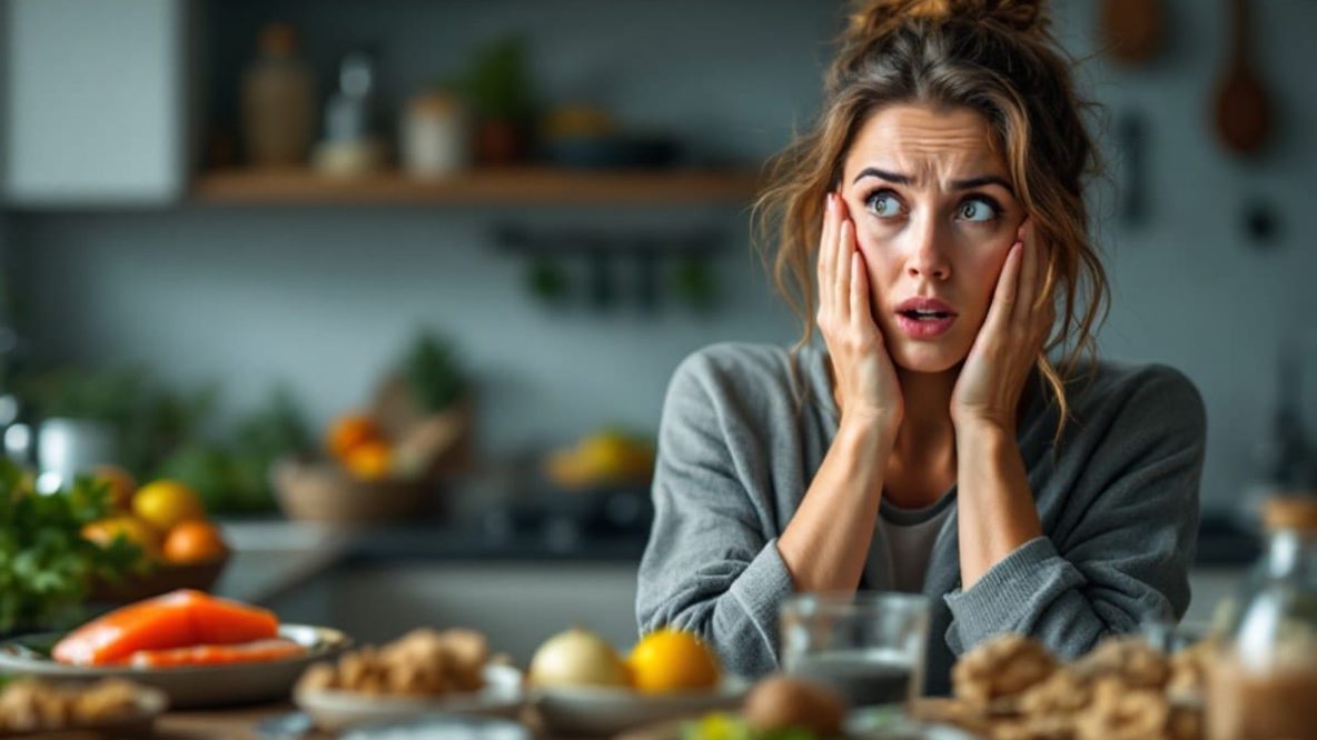 Femme avec une expression choquée, entourée d’aliments riches en oméga-3 comme le saumon, les noix et les graines de chia, découvrant l’importance de ces nutriments pour sa santé