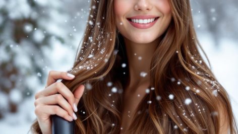 Femme aux cheveux lisses dans un paysage hivernal, utilisant un lisseur pour protéger la fibre capillaire contre le froid