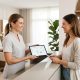 Esthéticienne souriante accueillant une cliente dans un institut de beauté lumineux et moderne, une tablette de réservation en ligne à la main