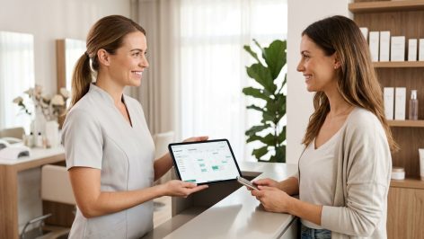 Esthéticienne souriante accueillant une cliente dans un institut de beauté lumineux et moderne, une tablette de réservation en ligne à la main